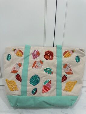 America & beyond viral beaded Embroidered Seashell Canvas Tote in Mint and Cream